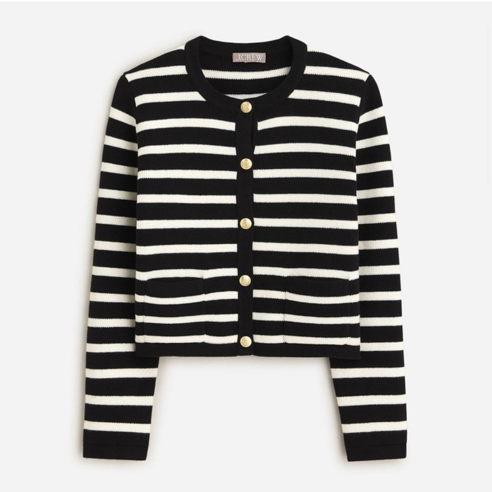J. Crew black and white EMILIE PATCH-POCKET SWEATER LADY JACKET IN STRIPE Medium